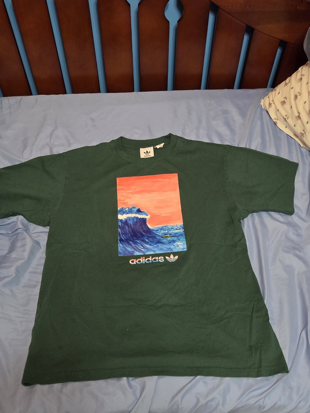 adidas Men’s Dark Green Tee with Blue Wave and Orange Sky Graphic